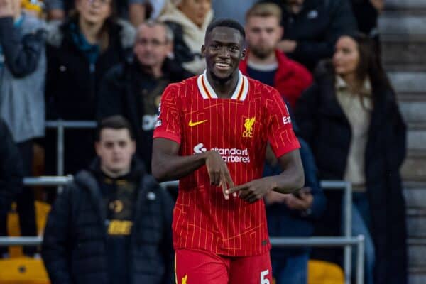 WOLVERHAMPTON, ENGLAND - Saturday, September 28, 2024: Liverpool's Ibrahima Konaté celebrates after scoring the opening goal during the FA Premier League match between Wolverhampton Wanderers FC and Liverpool FC at Molineux Stadium. (Photo by David Rawcliffe/Propaganda)