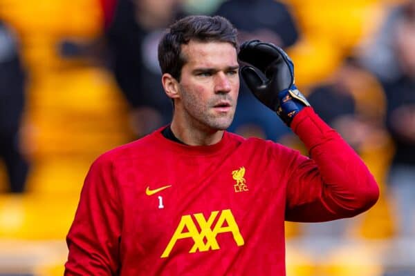 WOLVERHAMPTON, ENGLAND - Saturday, September 28, 2024: Liverpool's goalkeeper Alisson Becker during the pre-match warm-up before the FA Premier League match between Wolverhampton Wanderers FC and Liverpool FC at Molineux Stadium. (Photo by David Rawcliffe/Propaganda)