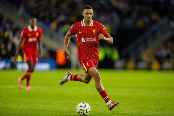 WOLVERHAMPTON, ENGLAND - Samstag, 28. September 2024: Liverpools Trent Alexander-Arnold während des FA Premier League-Spiels zwischen Wolverhampton Wanderers FC und Liverpool FC im Molineux Stadium. (Foto von David Rawcliffe/Propaganda)