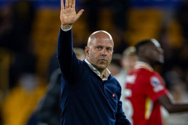 WOLVERHAMPTON, ENGLAND - Saturday, September 28, 2024: Liverpool's head coach Arne Slot celebrates after the FA Premier League match between Wolverhampton Wanderers FC and Liverpool FC at Molineux Stadium. Liverpool won 2-1. (Photo by David Rawcliffe/Propaganda)