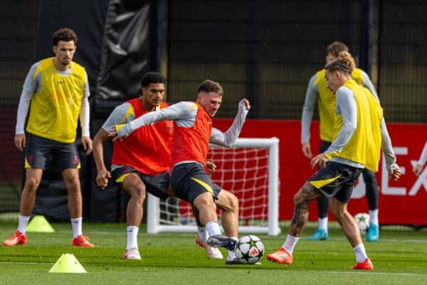 LIVERPOOL, ENGLAND - Tuesday, October 1, 2024: Liverpool's Alexis Mac Allister during a training session at the AXA Training Centre ahead of the UEFA Champions League match between Liverpool FC and Bologna FC. (Photo by David Rawcliffe/Propaganda)