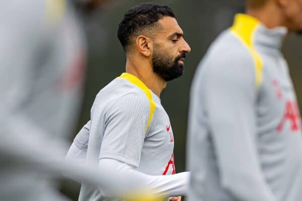 LIVERPOOL, ENGLAND - Tuesday, October 1, 2024: Liverpool's Mohamed Salah during a training session at the AXA Training Centre ahead of the UEFA Champions League match between Liverpool FC and Bologna FC. (Photo by David Rawcliffe/Propaganda)