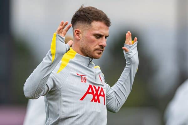 LIVERPOOL, ENGLAND - Tuesday, October 1, 2024: Liverpool's Alexis Mac Allister during a training session at the AXA Training Centre ahead of the UEFA Champions League match between Liverpool FC and Bologna FC. (Photo by David Rawcliffe/Propaganda)