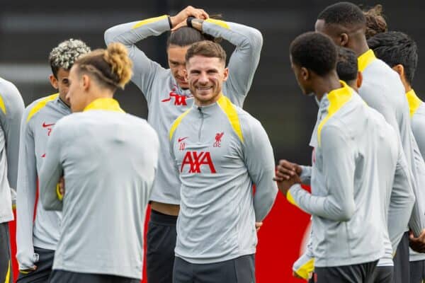 LIVERPOOL, ENGLAND - Tuesday, October 1, 2024: Liverpool's Alexis Mac Allister during a training session at the AXA Training Centre ahead of the UEFA Champions League match between Liverpool FC and Bologna FC. (Photo by David Rawcliffe/Propaganda)