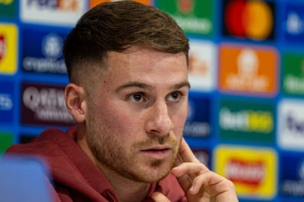 LIVERPOOL, ENGLAND - Tuesday, October 1, 2024: Liverpool's Alexis Mac Allister during a press conference at Anfield ahead of the UEFA Champions League game between Liverpool FC and Bologna FC. (Photo by David Rawcliffe/Propaganda)