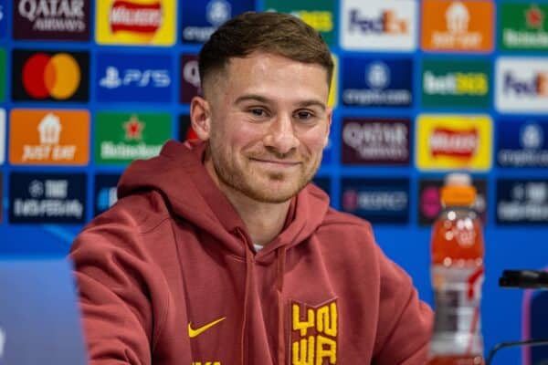 LIVERPOOL, ENGLAND - Tuesday, October 1, 2024: Liverpool's Alexis Mac Allister during a press conference at Anfield ahead of the UEFA Champions League game between Liverpool FC and Bologna FC. (Photo by David Rawcliffe/Propaganda)