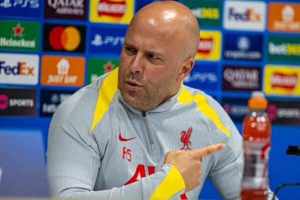 LIVERPOOL, ENGLAND - Tuesday, October 1, 2024: Liverpool's head coach Arne Slot during a press conference at Anfield ahead of the UEFA Champions League game between Liverpool FC and Bologna FC. (Photo by David Rawcliffe/Propaganda)