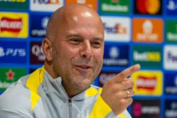 LIVERPOOL, ENGLAND - Tuesday, October 1, 2024: Liverpool's head coach Arne Slot during a press conference at Anfield ahead of the UEFA Champions League game between Liverpool FC and Bologna FC. (Photo by David Rawcliffe/Propaganda)