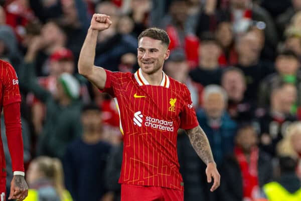 LIVERPOOL, ENGLAND - Wednesday, October 2, 2024: Liverpool's Alexis Mac Allister celebrates after scoring the first goal during the UEFA Champions League game between Liverpool FC and Bologna FC 1909 at Anfield. (Photo by David Rawcliffe/Propaganda)