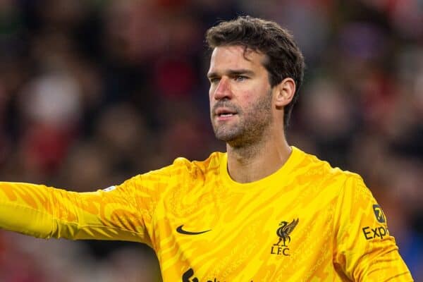 LIVERPOOL, ENGLAND - Wednesday, October 2, 2024: Liverpool goalkeeper Alisson Becker during the UEFA Champions League match between Liverpool FC and Bologna FC 1909 at Anfield. (Photo by David Rawcliffe/Propaganda)