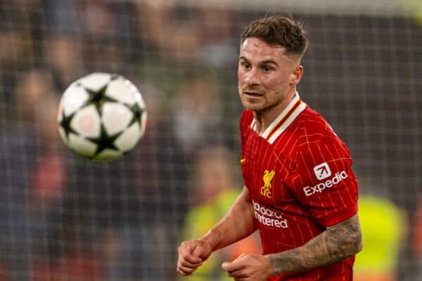 LIVERPOOL, ENGLAND - Wednesday, October 2, 2024: Liverpool's Alexis Mac Allister during the UEFA Champions League game between Liverpool FC and Bologna FC 1909 at Anfield. (Photo by David Rawcliffe/Propaganda)