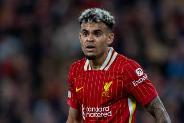 LIVERPOOL, ENGLAND - Wednesday, October 2, 2024: Liverpool's Luis Díaz during the UEFA Champions League game between Liverpool FC and Bologna FC 1909 at Anfield. (Photo by David Rawcliffe/Propaganda)