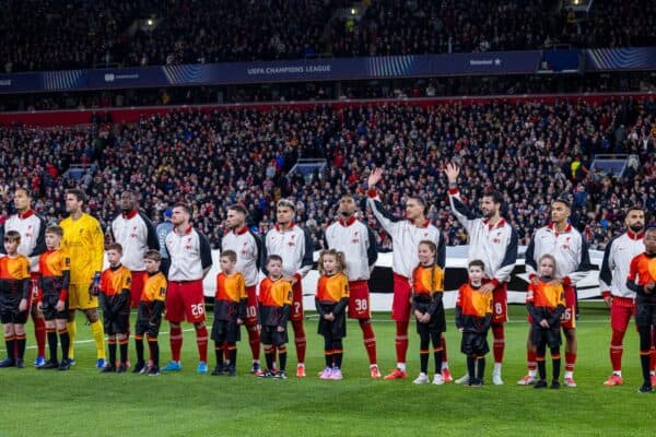 LIVERPOOL, ENGLAND - Wednesday October 2, 2024: Liverpool players before the UEFA Champions League match between Liverpool FC and Bologna FC 1909 at Anfield. (Photo by David Rawcliffe/Propaganda)