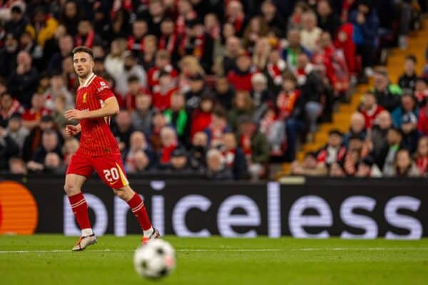 LIVERPOOL, ENGLAND - Wednesday, October 2, 2024: Priceless... Liverpool's Diogo Jota during the UEFA Champions League game between Liverpool FC and Bologna FC 1909 at Anfield. (Photo by David Rawcliffe/Propaganda)