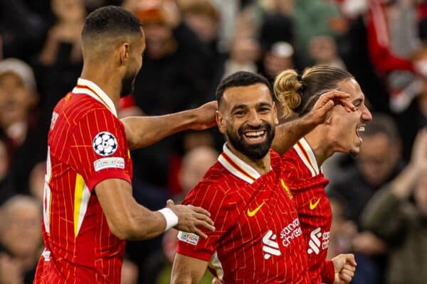 LIVERPOOL, ENGLAND - Wednesday, October 2, 2024: Liverpool's Mohamed Salah celebrates after scoring the second goal during the UEFA Champions League game between Liverpool FC and Bologna FC 1909 at Anfield. (Photo by David Rawcliffe/Propaganda)