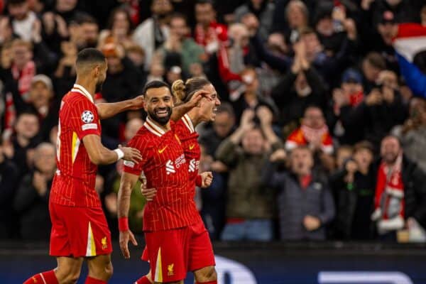 LIVERPOOL, ENGLAND - Wednesday, October 2, 2024: Liverpool's Mohamed Salah celebrates after scoring the second goal during the UEFA Champions League game between Liverpool FC and Bologna FC 1909 at Anfield. (Photo by David Rawcliffe/Propaganda)