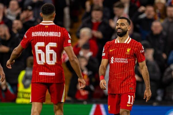 LIVERPOOL, ENGLAND - Wednesday, October 2, 2024: Liverpool's Mohamed Salah celebrates after scoring the second goal during the UEFA Champions League game between Liverpool FC and Bologna FC 1909 at Anfield. (Photo by David Rawcliffe/Propaganda)