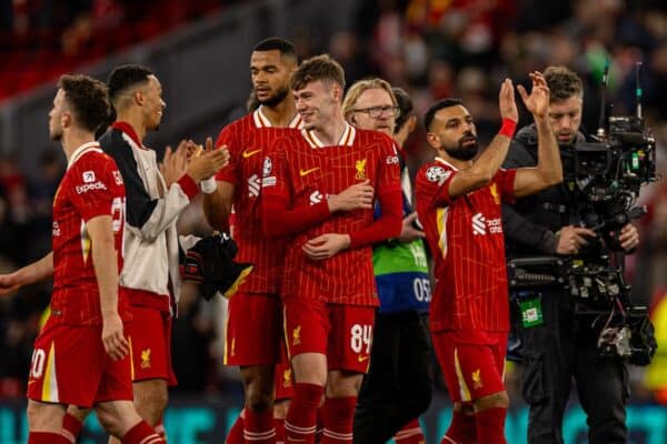 LIVERPOOL, ENGLAND – Wednesday, October 2, 2024: Liverpool's Mohamed Salah applauds the fans after the UEFA Champions League match between Liverpool FC and Bologna FC 1909 at Anfield. (Photo by David Rawcliffe/Propaganda)