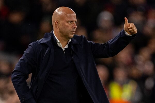 LIVERPOOL, ENGLAND - Wednesday, October 2, 2024: Liverpool's head coach Arne Slot during the UEFA Champions League game between Liverpool FC and Bologna FC 1909 at Anfield. (Photo by David Rawcliffe/Propaganda)