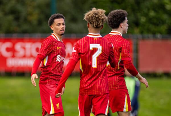 KIRKBY, ENGLAND - Wednesday, October 2, 2024: Liverpool's Ranel Young celebrates after scoring the opening goal during the UEFA Youth League game between Liverpool FC Under-19's and Bologna FC 1909 Under-19's at the Liverpool Academy. (Photo by David Rawcliffe/Propaganda)