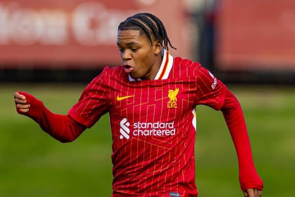 KIRKBY, ENGLAND - Wednesday, October 2, 2024: Liverpool's Rio Ngumoha during the UEFA Youth League game between Liverpool FC Under-19's and Bologna FC 1909 Under-19's at the Liverpool Academy. (Photo by David Rawcliffe/Propaganda)