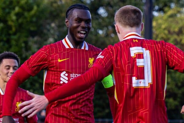 KIRKBY, ENGLAND - Wednesday, October 2, 2024: Liverpool's captain Amara Nallo (L) celebrates after scoring his side's second goal during the UEFA Youth League game between Liverpool FC Under-19's and Bologna FC 1909 Under-19's at the Liverpool Academy. (Photo by David Rawcliffe/Propaganda)