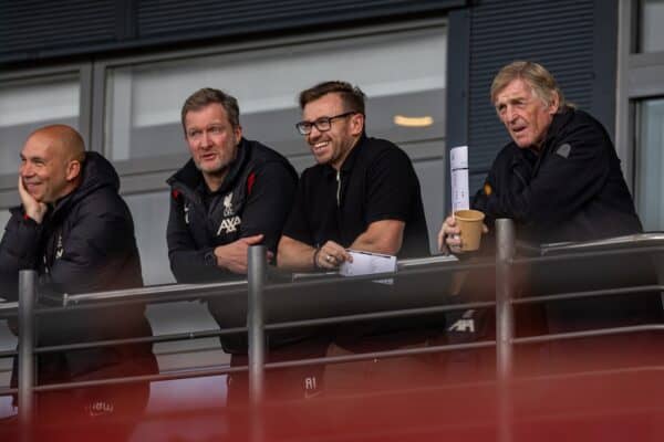 KIRKBY, ENGLAND - Wednesday 2 October 2024: Liverpool (LR) U21 Head Coach Marc Bridge-Wilkinson, Academy Director Alex Inglethorpe, FSG Chief Executive of Football Michael Edwards and Club Ambassador Sir Kenny Dalglish during the UEFA Youth League match between Liverpool FC Under-19s and Bologna FC 1909 Under-19s at the Liverpool Academy. (Photo by David Rawcliffe/Propaganda)