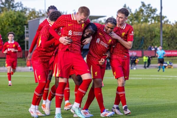 KIRKBY, ENGLAND - Wednesday, October 2, 2024: Liverpool's Amara Nallo (R) celebrates with team-mates after scoring the winning second goal during the UEFA Youth League game between Liverpool FC Under-19's and Bologna FC 1909 Under-19's at the Liverpool Academy. (Photo by David Rawcliffe/Propaganda)