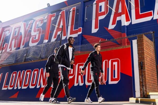 LONDON, ENGLAND - Saturday, October 5, 2024: Liverpool's Ibrahima Konaté (L) and Curtis Jones arrive before the FA Premier League match between Crystal Palace FC and Liverpool FC at Selhurt Park. (Photo by David Rawcliffe/Propaganda)