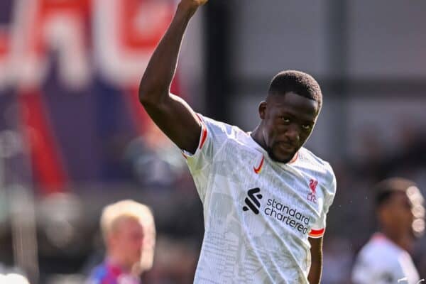 LONDON, ENGLAND - Saturday, October 5, 2024: Liverpool's Ibrahima Konaté celebrates after the FA Premier League match between Crystal Palace FC and Liverpool FC at Selhurst Park. Liverpool won 1-0. (Photo by David Rawcliffe/Propaganda)