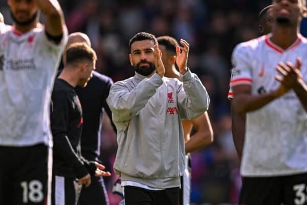 LONDON, ENGLAND - Saturday, October 5, 2024: Liverpool's Mohamed Salah celebrates after the FA Premier League match between Crystal Palace FC and Liverpool FC at Selhurst Park. Liverpool won 1-0. (Photo by David Rawcliffe/Propaganda)