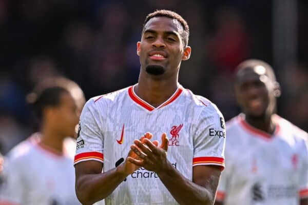 LONDON, ENGLAND – Saturday October 5, 2024: Liverpool's Ryan Gravenberch celebrates after the FA Premier League match between Crystal Palace FC and Liverpool FC at Selhurst Park. Liverpool won 1-0. (Photo by David Rawcliffe/Propaganda)