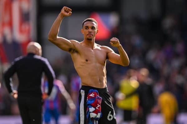 LONDRES, ANGLETERRE – Samedi 5 octobre 2024 : Trent Alexander-Arnold de Liverpool célèbre après le match de FA Premier League entre Crystal Palace FC et Liverpool FC à Selhurst Park. Liverpool a gagné 1-0. (Photo de David Rawcliffe/Propagande)