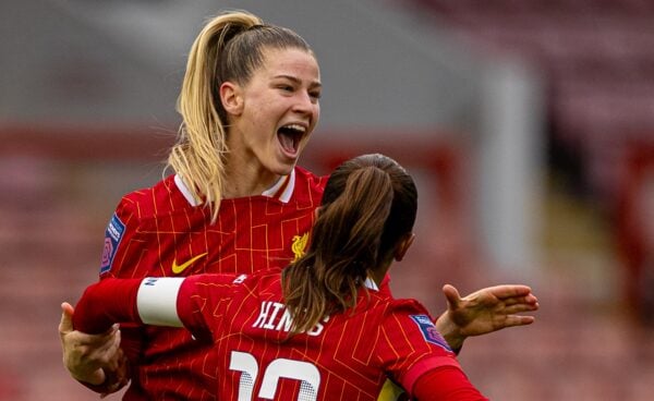 LONDON, ENGLAND - Sunday, October 6, 2024: Liverpool's Marie Höbinger (L) celebrates with team-mate Taylor Hinds after scoring the second goal during the FA Women’s Super League game between Tottenham Hotspur FC Women and Liverpool FC Women at Brisbane Road. (Photo by David Rawcliffe/Propaganda)