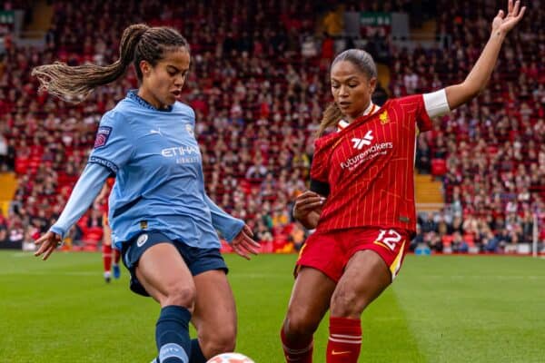 LIVERPOOL, ENGLAND - Sunday, October 13, 2024: Manchester City's Mary Fowler (L) is challenged by Liverpool's Taylor Hinds during the FA Women’s Super League game between Liverpool FC Women and Manchester City FC Women at Anfield. (Photo by David Rawcliffe/Propaganda)