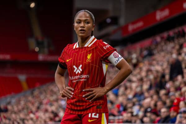 LIVERPOOL, ENGLAND - Sunday, October 13, 2024: Liverpool's Taylor Hinds during the FA Women’s Super League game between Liverpool FC Women and Manchester City FC Women at Anfield. (Photo by David Rawcliffe/Propaganda)