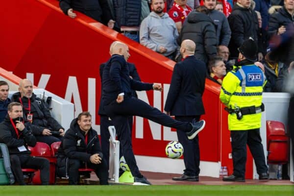 LIVERPOOL, ENGLAND - Saturday, October 19, 2024: Liverpool's head coach Arne Slot kicks the ball away during the FA Premier League match between Liverpool FC and Chelsea FC at Anfield. (Photo by David Rawcliffe/Propaganda)