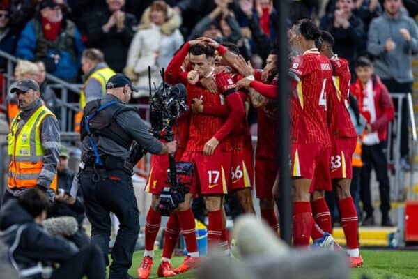 LIVERPOOL, ENGLAND - Saturday, October 19, 2024: Liverpool's Curtis Jones celebrates after scoring the second goal during the FA Premier League match between Liverpool FC and Chelsea FC at Anfield. (Photo by David Rawcliffe/Propaganda)