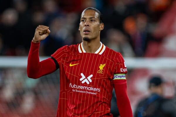 LIVERPOOL, ENGLAND – Saturday October 19, 2024: Liverpool captain Virgil van Dijk celebrates after the FA Premier League match between Liverpool FC and Chelsea FC at Anfield. Liverpool won 2-1. (Photo by David Rawcliffe/Propaganda)