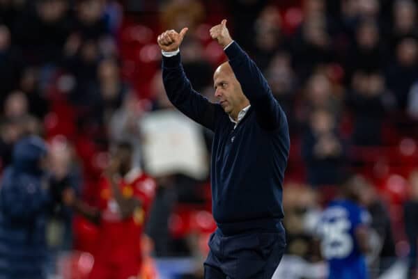 LIVERPOOL, ENGLAND – Saturday October 19, 2024: Liverpool head coach Arne Slot celebrates after the FA Premier League match between Liverpool FC and Chelsea FC at Anfield. Liverpool won 2-1. (Photo by David Rawcliffe/Propaganda)