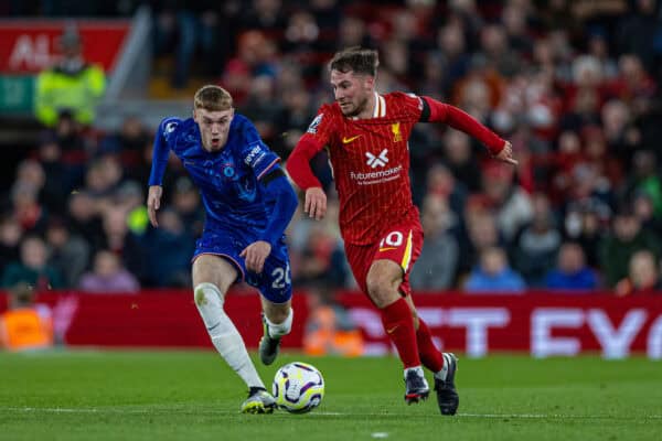 LIVERPOOL, ENGLAND - Saturday, October 19, 2024: Liverpool's Alexis Mac Allister (R) is challenged by Chelsea's Cole Palmer during the FA Premier League match between Liverpool FC and Chelsea FC at Anfield. (Photo by David Rawcliffe/Propaganda)