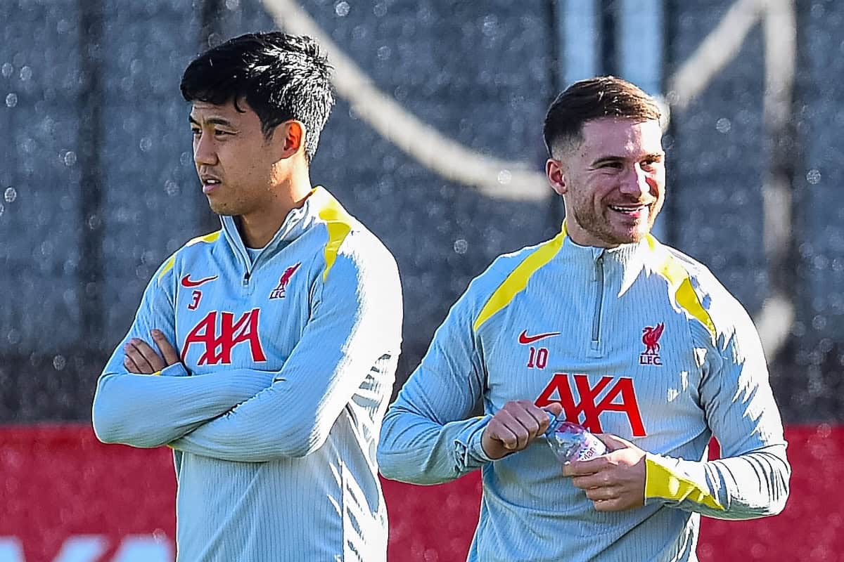 LIVERPOOL, ENGLAND - Monday, October 21, 2024: Liverpool's Wataru End? (L) and Alexis Mac Allister during a training session at the AXA Training Centre ahead of the UEFA Champions League match between RB Leipzig and Liverpool FC. (Photo by David Rawcliffe/Propaganda)