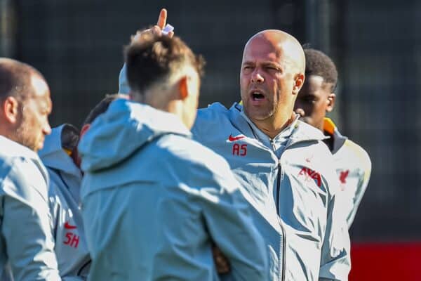 LIVERPOOL, ENGLAND - Monday, October 21, 2024: Liverpool's head coach Arne Slot during a training session at the AXA Training Centre ahead of the UEFA Champions League match between RB Leipzig and Liverpool FC. (Photo by David Rawcliffe/Propaganda)