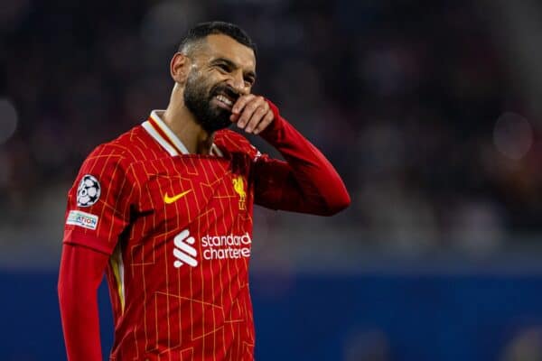 LEIPZIG, GERMANY - Wednesday, October 23, 2024: Liverpool's Mohamed Salah reacts after missing a chance during the UEFA Champions League Match Day 3 game between RB Leipzig and Liverpool FC at the Red Bull Arena. (Photo by David Rawcliffe/Propaganda)