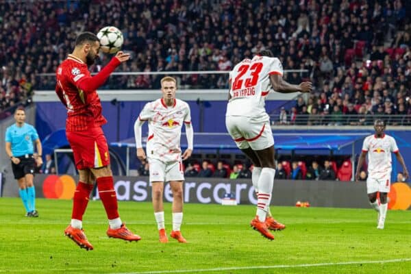 LEIPZIG, GERMANY - Wednesday, October 23, 2024: Liverpool's Mohamed Salah scores the opening goal with a header during the UEFA Champions League Match Day 3 game between RB Leipzig and Liverpool FC at the Red Bull Arena. (Photo by David Rawcliffe/Propaganda)