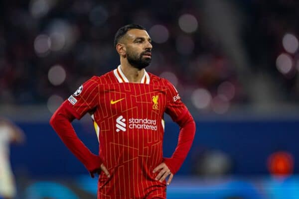 LIPSIA, GERMANIA - mercoledì 23 ottobre 2024: Mohamed Salah di Liverpool durante la partita del terzo giorno della UEFA Champions League tra la RB Leipzig e il Liverpool FC alla Red Bull Arena. (Foto di David Rawcliffe/Propaganda)