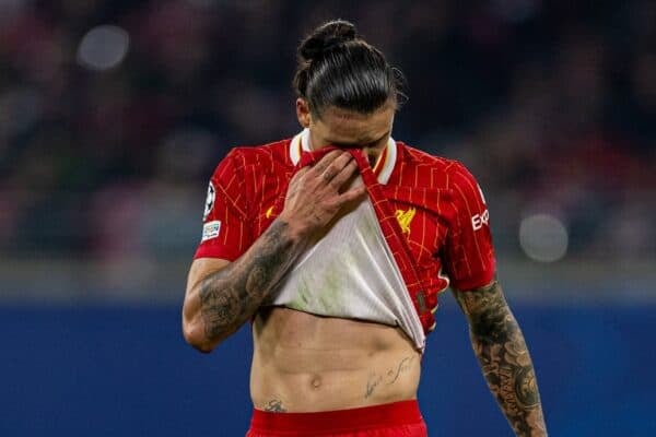 LEIPZIG, GERMANY - Wednesday, October 23, 2024: Liverpool's Darwin Núñez during the UEFA Champions League Match Day 3 game between RB Leipzig and Liverpool FC at the Red Bull Arena. (Photo by David Rawcliffe/Propaganda)