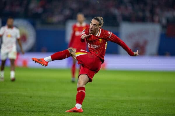 LEIPZIG, GERMANY - Wednesday, October 23, 2024: Liverpool's Kostas Tsimikas shoots wide during the UEFA Champions League Match Day 3 game between RB Leipzig and Liverpool FC at the Red Bull Arena. (Photo by David Rawcliffe/Propaganda)