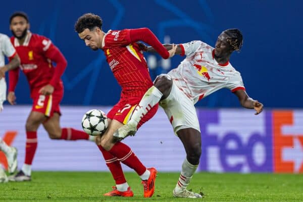 LEIPZIG, GERMANY - Wednesday, October 23, 2024: Liverpool's Curtis Jones (L) is challenged by RB Leipzig's Amadou Haidara during the UEFA Champions League Match Day 3 game between RB Leipzig and Liverpool FC at the Red Bull Arena. (Photo by David Rawcliffe/Propaganda)