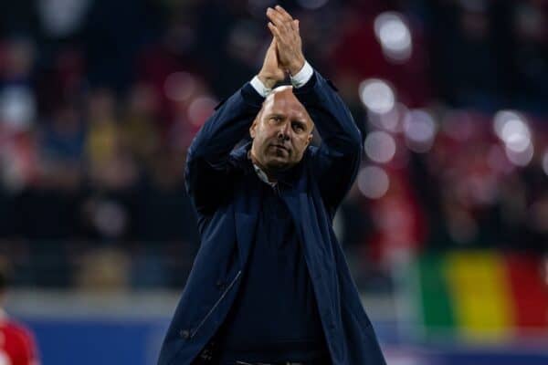 LEIPZIG, GERMANY - Wednesday, October 23, 2024: Liverpool's head coach Arne Slot celebrates after the UEFA Champions League Match Day 3 game between RB Leipzig and Liverpool FC at the Red Bull Arena. Liverpool won 1-0. (Photo by David Rawcliffe/Propaganda)